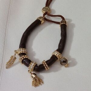 Jessica Simpson Brown Leather Cord Adjustable Bracelet Gold Tone Charms